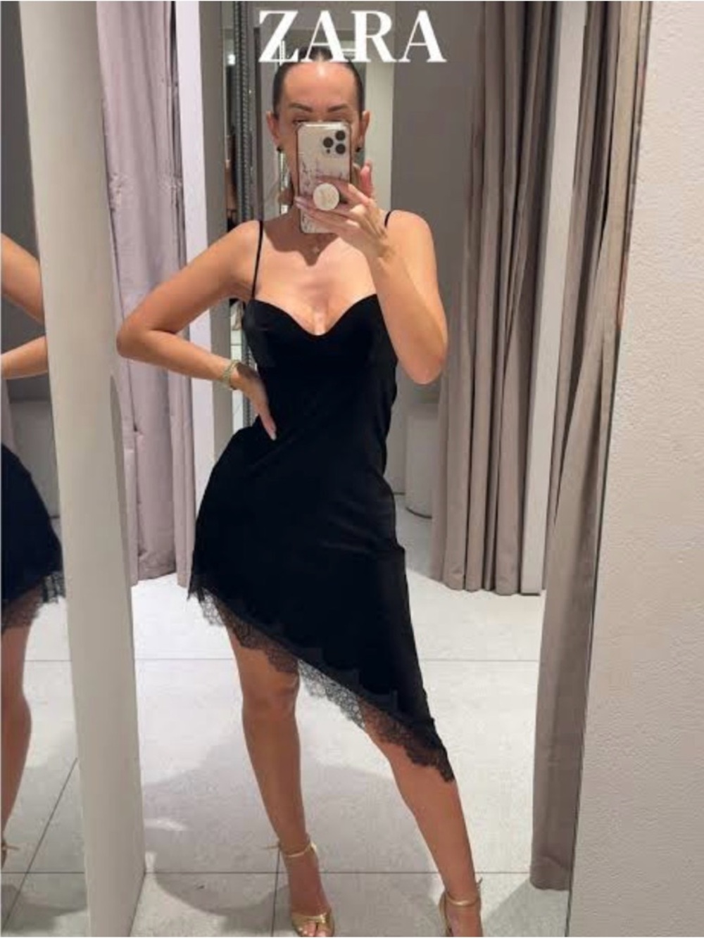 ZARA Black Asymmetric velvet Slip Dress with Lace Trim
